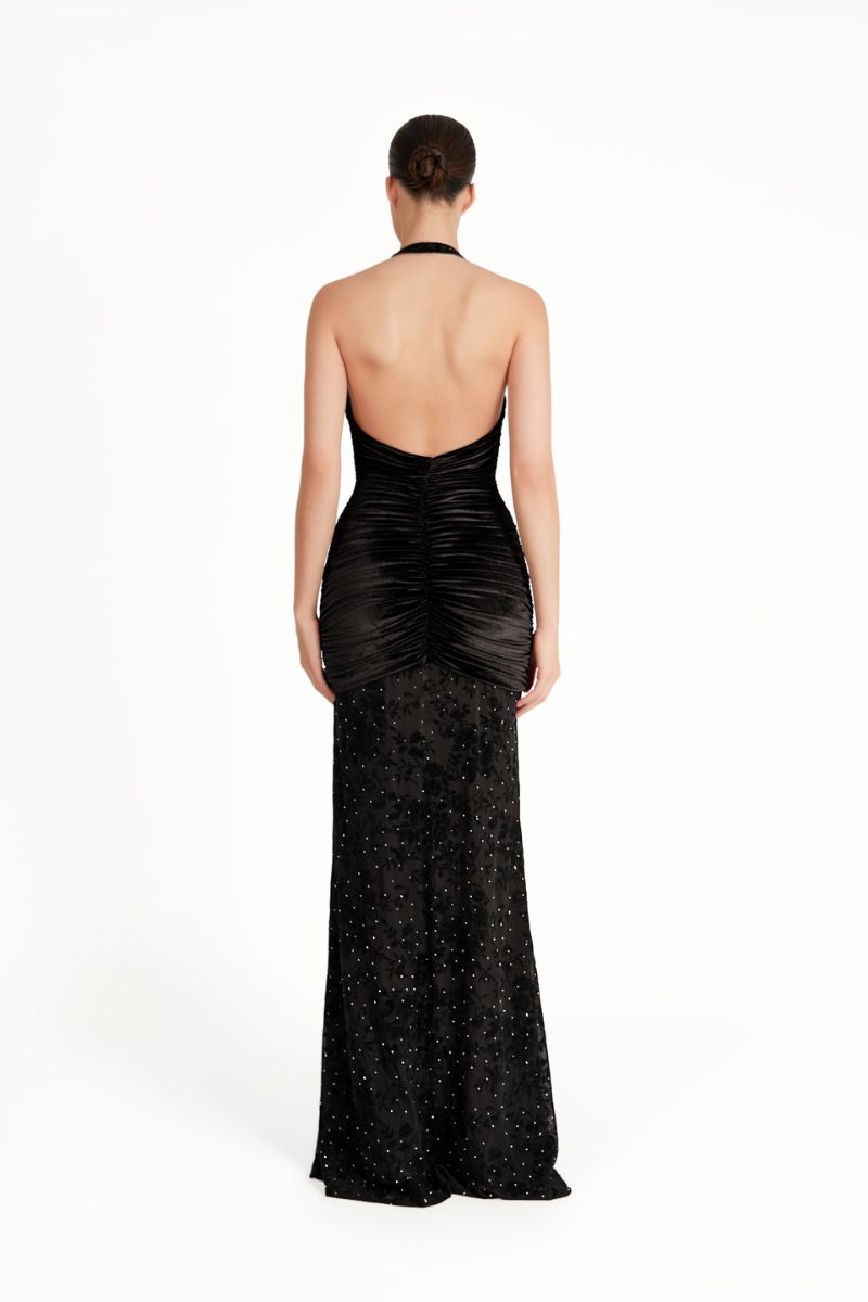 Black KAYLIN maxi dress by Khanum's, shown in full length with flowing fabric and elegant design.