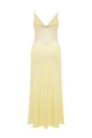 Bocan Couture Caroline long rayon nightgown with butter yellow lace detailing, flowing fabric and elegant design.