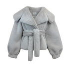 Gray faux fur jacket by Fortini, stylish Old Money design, featuring soft texture and modern fit, ideal for winter fashion.