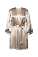 NK IMODE CULT MIA X NK IMODE Morgan short robe in brass fabric, showing the lightweight, textured material and relaxed fit.