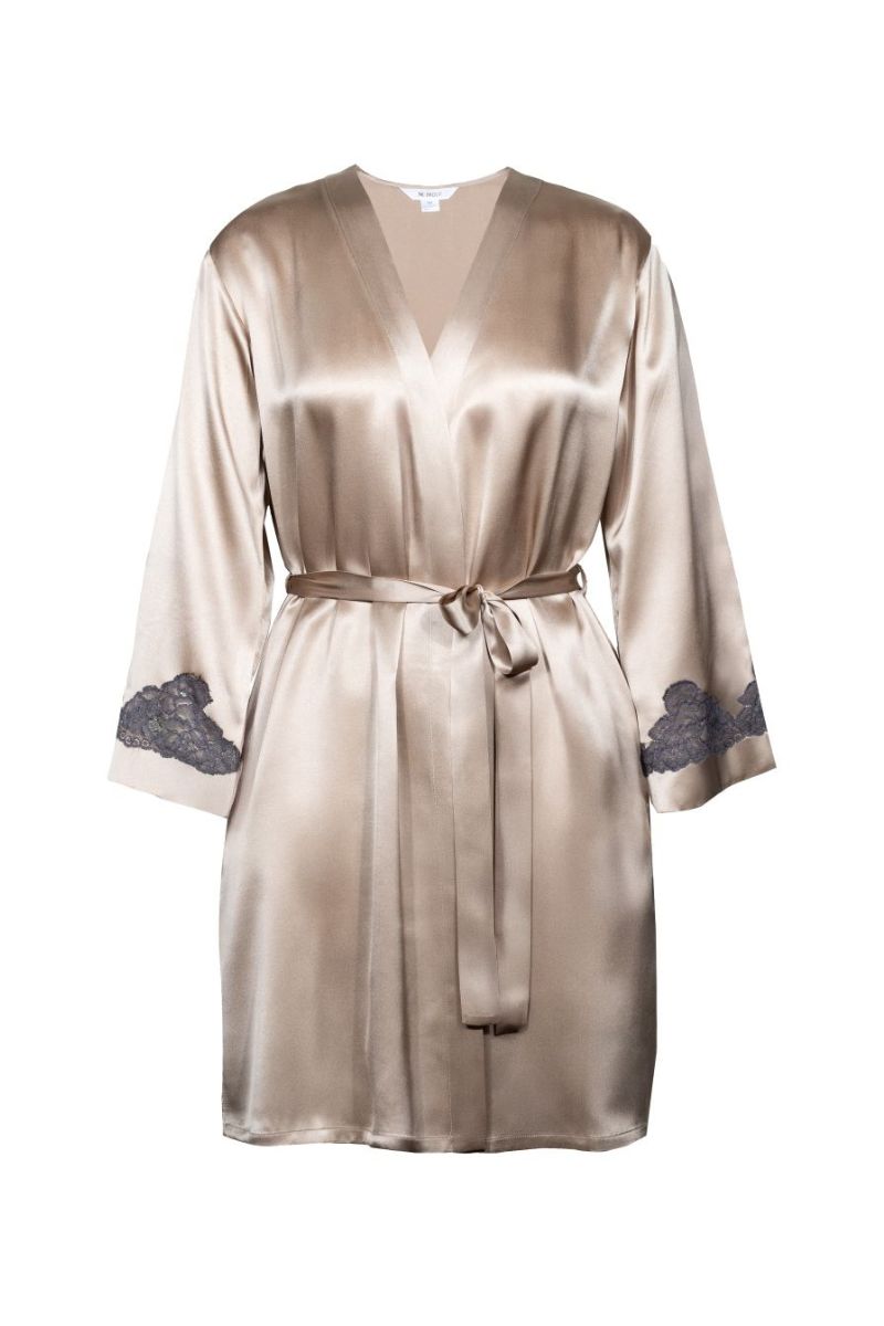 NK IMODE CULT MIA X NK IMODE Morgan short robe in brass fabric, showing the lightweight, textured material and relaxed fit.