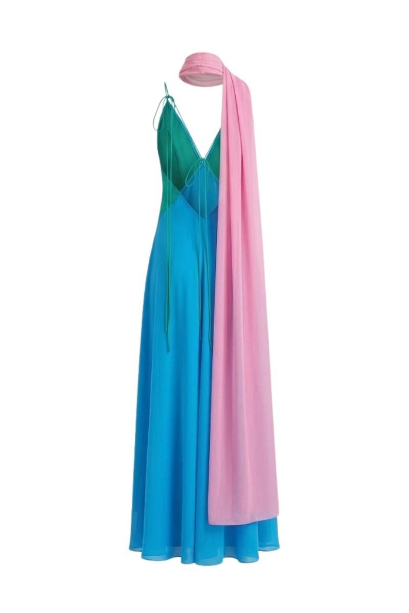 Sisters Tiffany maxi dress in dreamy pastel shades, flowing fabric, sleeveless design, perfect for summer or special occasions.