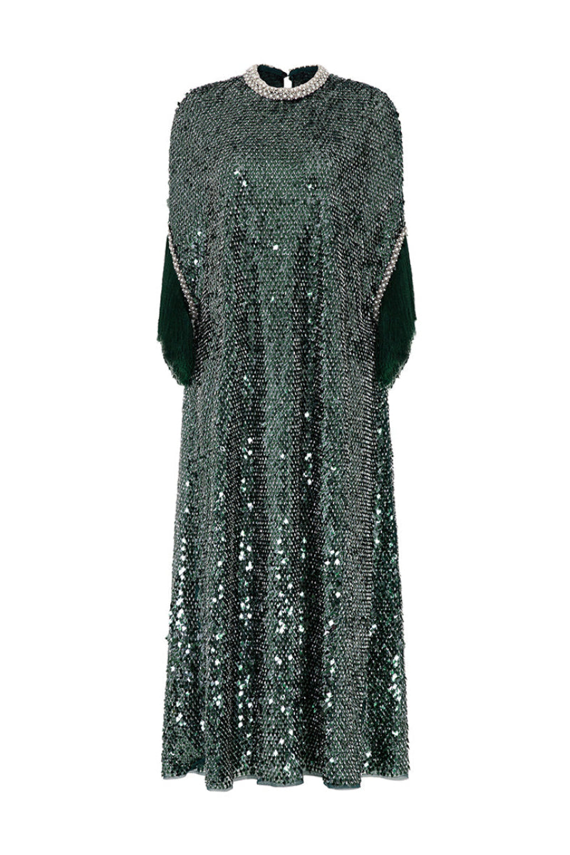 Green Valenciani pearl-trimmed sequin midi dress featuring elegant embellishments and a sophisticated silhouette.