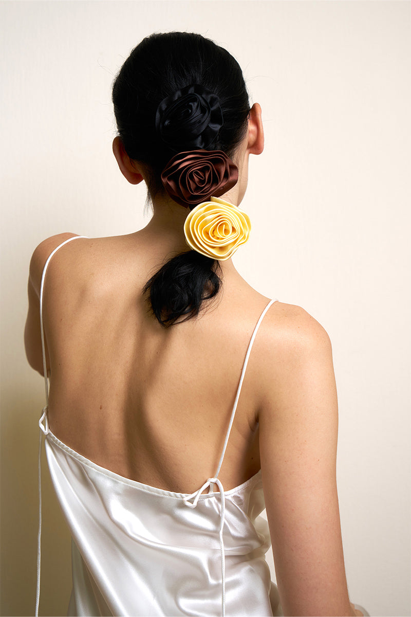 Not Just Pajama Tuscan Rose silk hair scrunchies, soft and elegant hair accessories in a rich rose color.