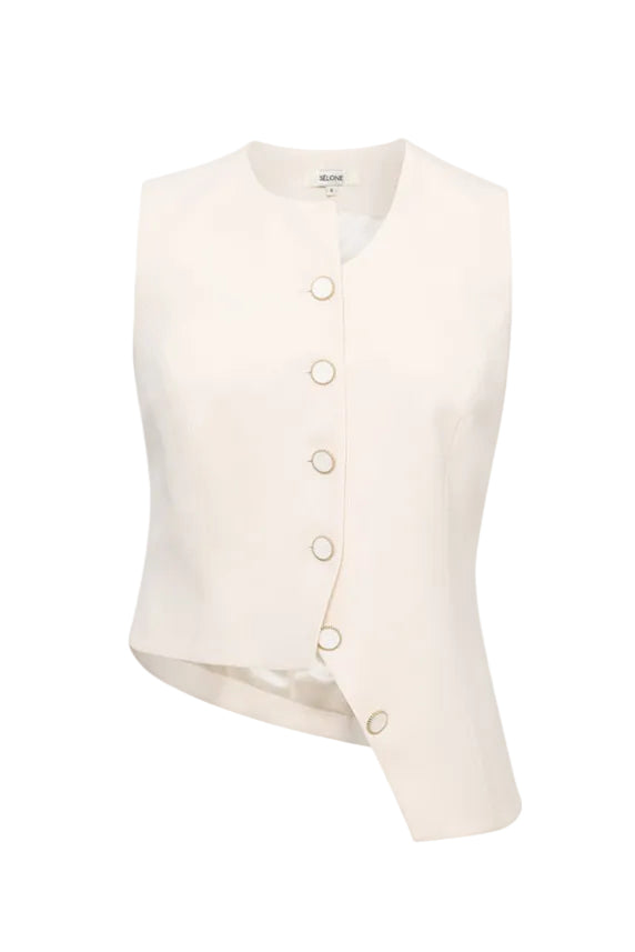 SÉLONE Calin asymmetric tie vest in soft ivory, stylish vest with tie detail, sleeveless with a modern, elegant silhouette.