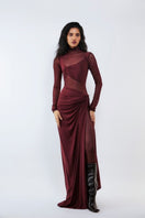 Deme By Gabriella Gloria Cherry Red Ruched Gown featuring elegant draping and fitted silhouette, ideal for formal occasions.