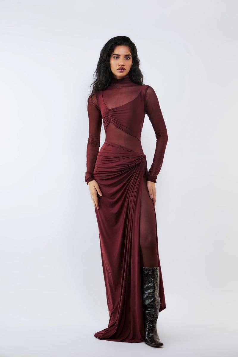 Deme By Gabriella Gloria Cherry Red Ruched Gown featuring elegant draping and fitted silhouette, ideal for formal occasions.