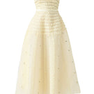 Beige strapless stone organza midi dress from Happy Clothing, featuring a flowing silhouette and elegant design.