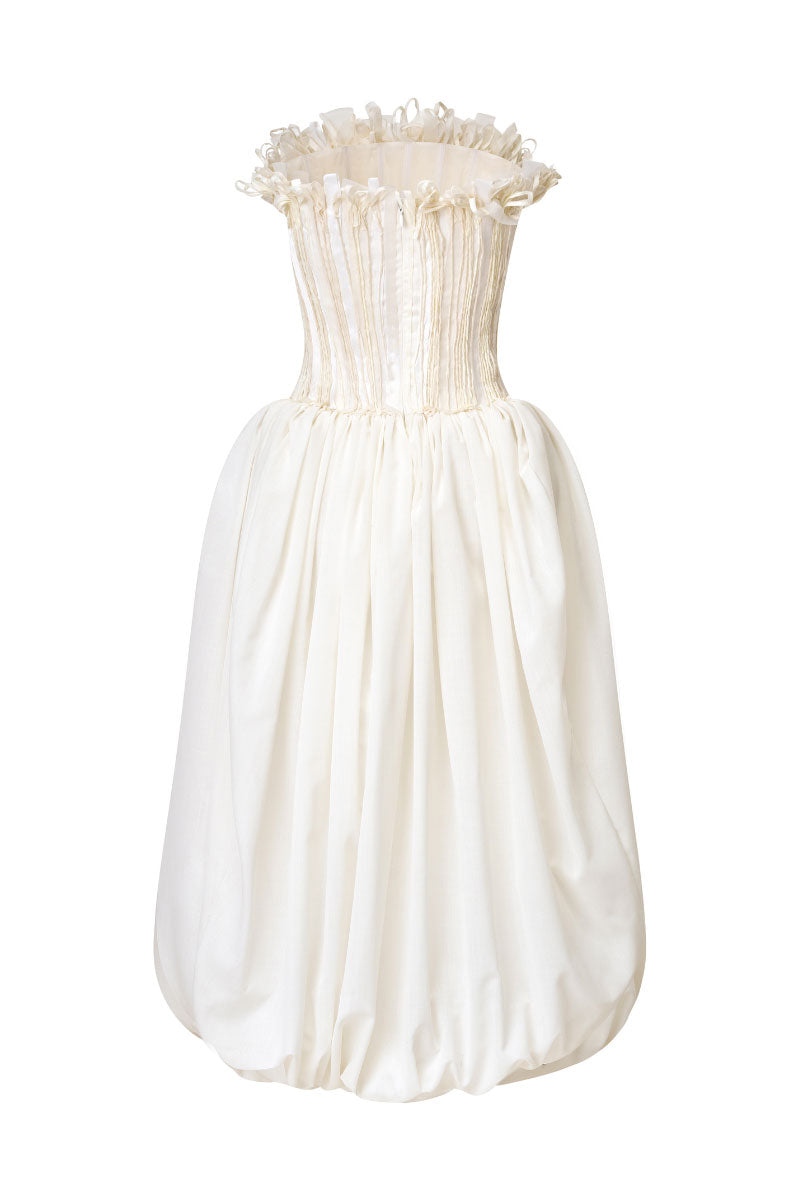 Petite floral embroidered ivory midi gown by Leicia, featuring delicate embroidery and a flowing silhouette.