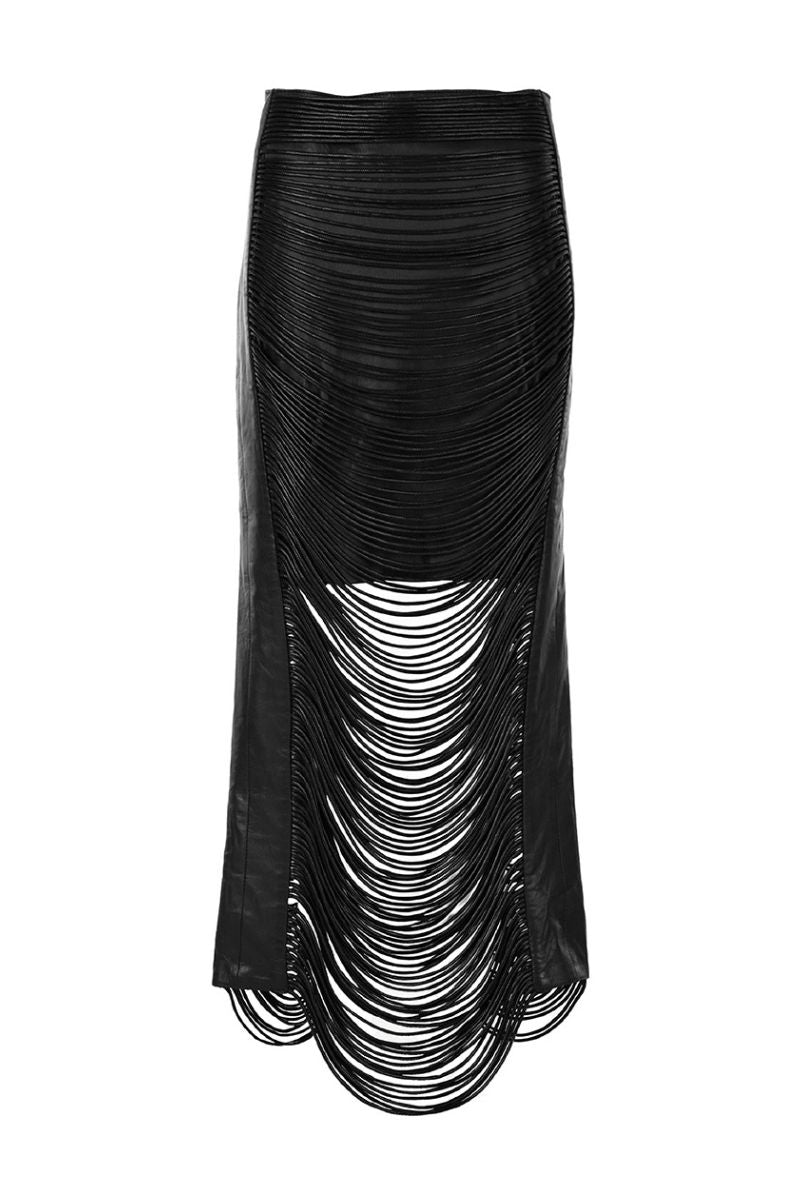 Leather snake-like cord maxi skirt by MAZ Manuela Álvarez featuring a flowing design and snake-patterned leather material.