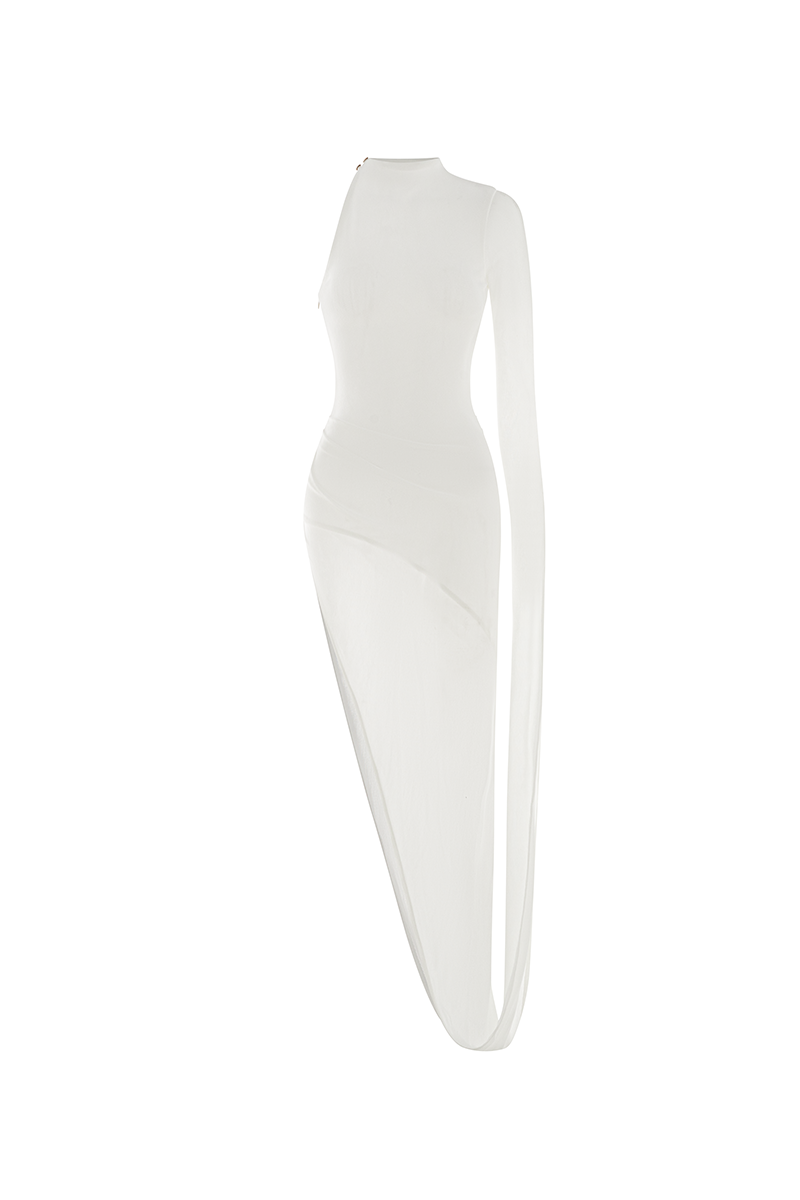White POEM Hyperion maxi dress with flowing fabric and elegant design, perfect for summer or special occasions.