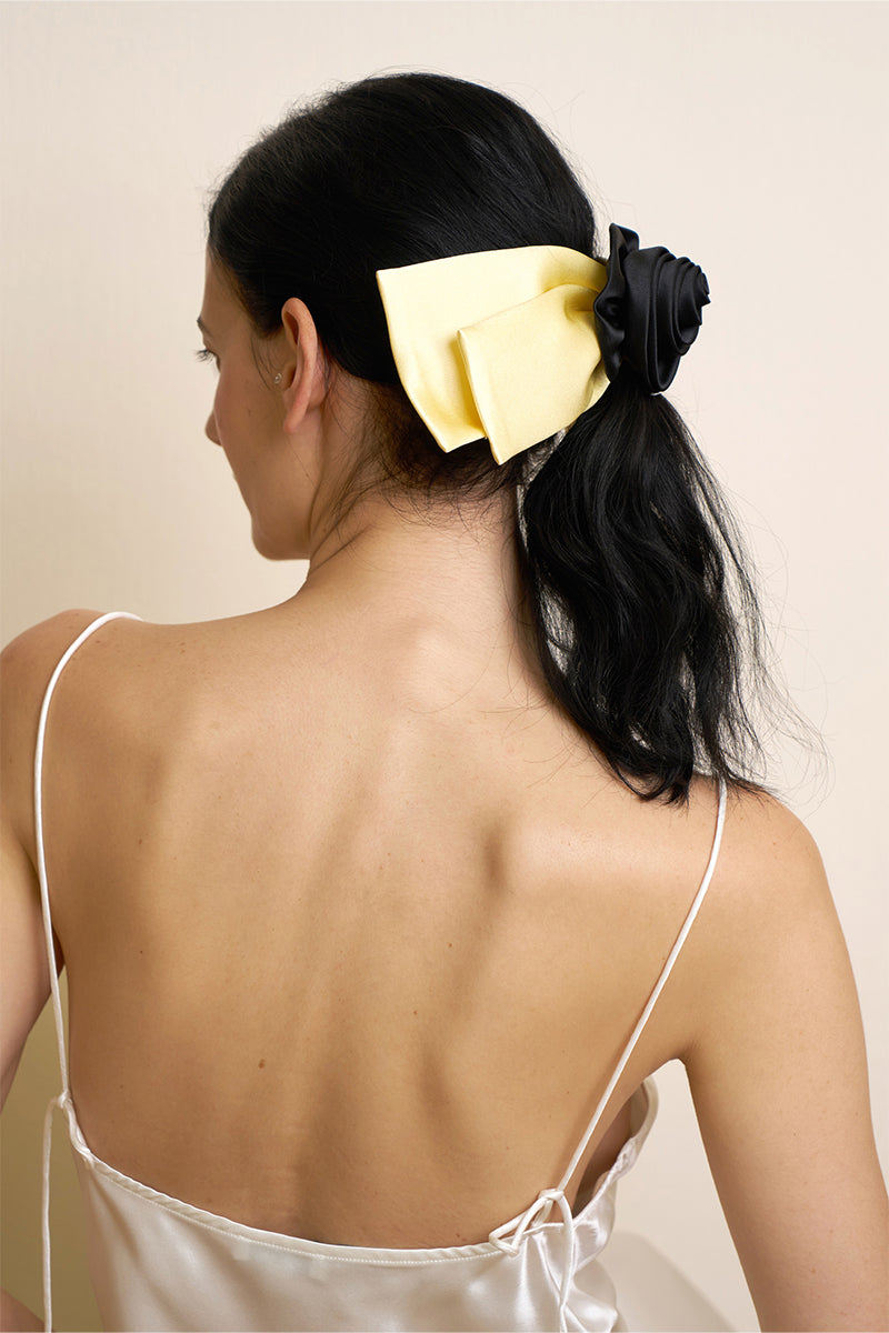 Tuscan Rose Bow silk hair clips by Not Just Pajama, elegant pink satin hair accessories with bow design.
