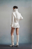 White Plan Aurora Sculpted Jacket featuring a fitted design, with a sleek silhouette and modern style, displayed on a hanger.