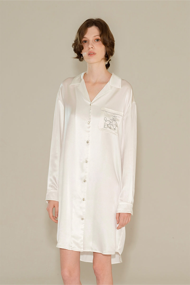 DIAMOND POODLES WHITE SILK SHIRT DRESS - CULT MIA