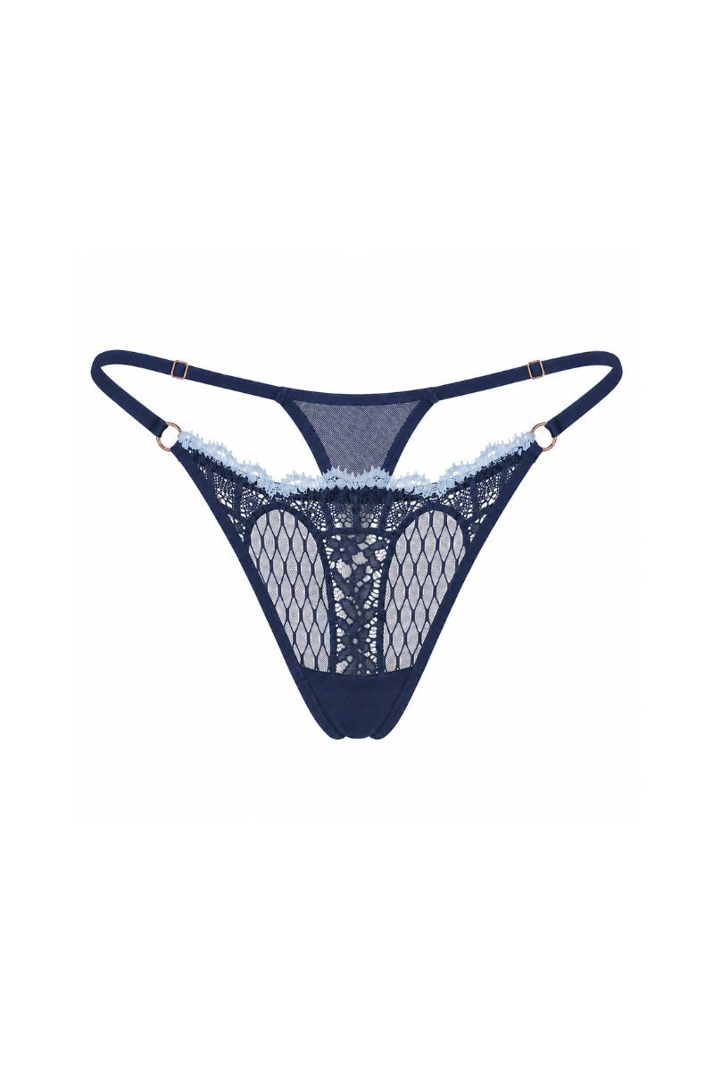 Ellipse Lingerie Aura Brazilian String underwear in navy, showcasing smooth fabric and minimal coverage.