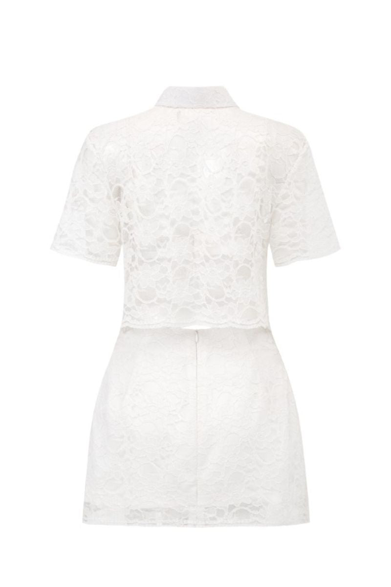 white lace t shirt dress Short Sleeve Cinched Waist Asymmetric Lace Hem T-Shirt Dress In White | EGO US