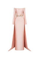 Off-shoulder bamboo taffeta gown by Tracy Studio featuring a flowing silhouette and elegant design.