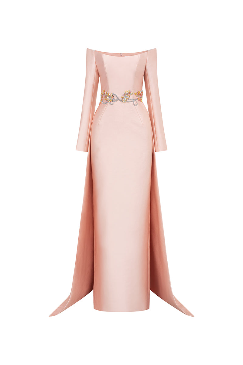 Off-shoulder bamboo taffeta gown by Tracy Studio featuring a flowing silhouette and elegant design.