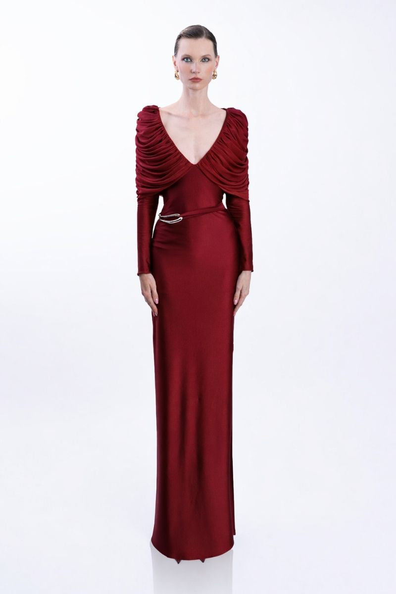 Elegant burgundy Dakota gown by LEDIEL featuring a flowing fabric and stylish design, perfect for formal occasions.