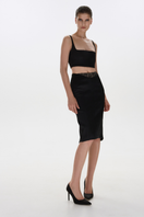Black matte silk top with adjustable straps by Balykina, featuring a sleek, smooth fabric and stylish design.