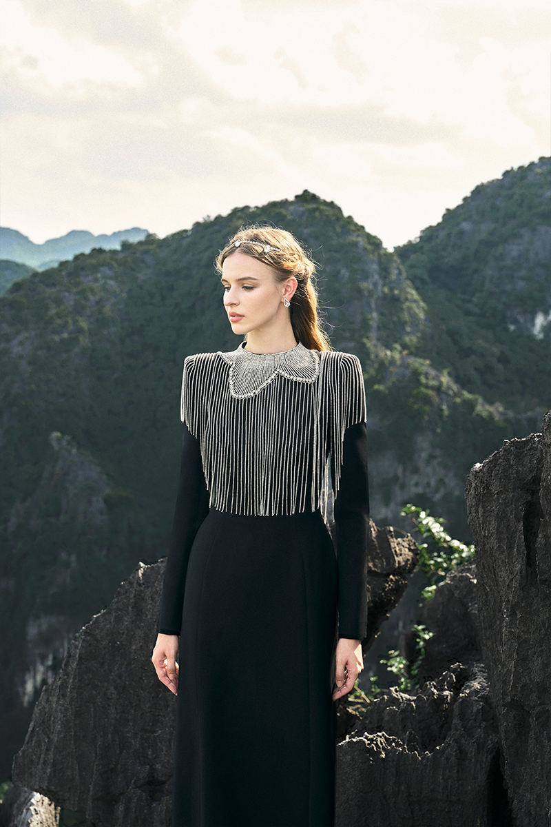 LONG SLEEVE CRYSTAL TASSEL BODYCON FLOOR-LENGTH GOWN - CULT MIA