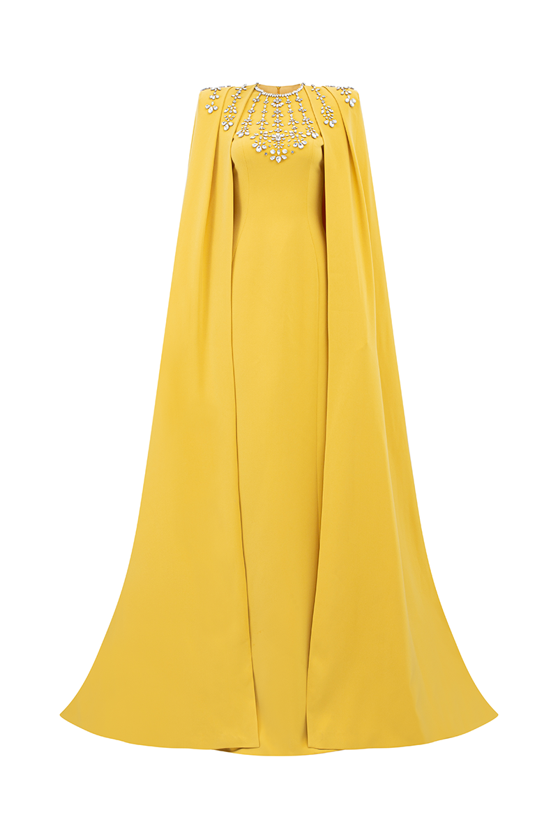 YELLOW STONE EMBELLISHED CAPE AND BODYCON GOWN SET - CULT MIA