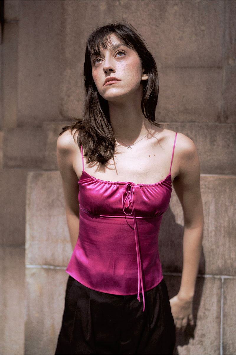 SILK DRAWSTRING CAMISOLE TOP IN HOT PINK - CULT MIA
