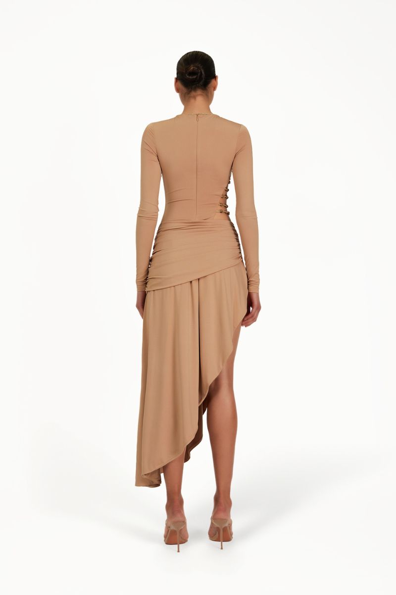 Khanum's Kasmina tan mini dress with a fitted silhouette and stylish design, perfect for casual or semi-formal occasions.
