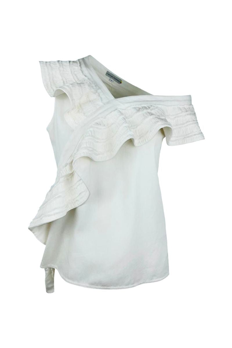 ASYMMETRIC FLAIR DENIM TOP IN IVORY - CULT MIA
