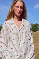 Unisex brown print twill pajama long set from Not Just Pajama, featuring comfortable, stylish sleepwear for men and women.