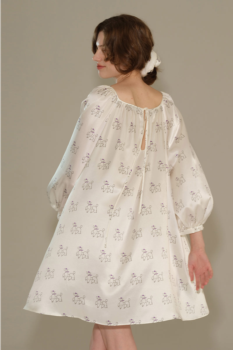 DIAMOND POODLES WHITE SILK PUFF SLEEVE DRESS - CULT MIA