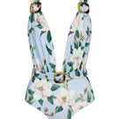 Nur Karaata AQUA ALLURE one-piece swimsuit featuring a sleek, fitted design with vibrant blue and aqua tones.
