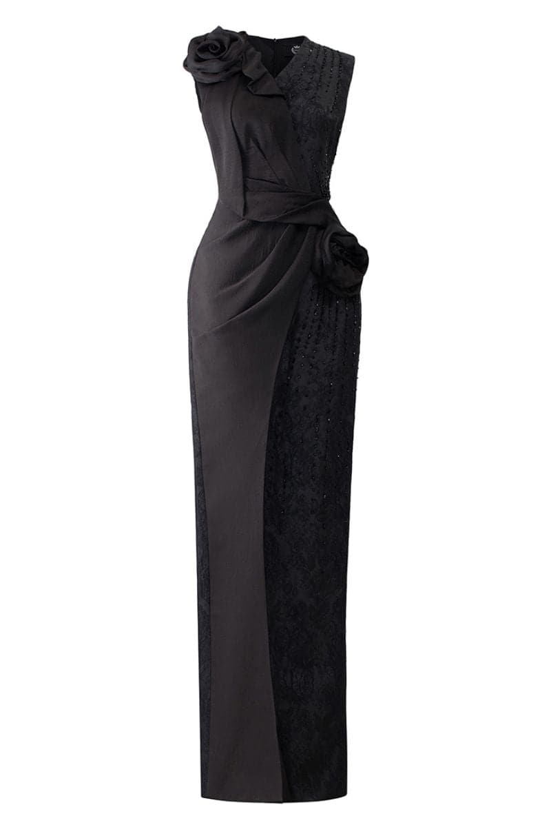 BLACK JACQUARD GOWN WITH DRAPED SATIN ROSES - CULT MIA