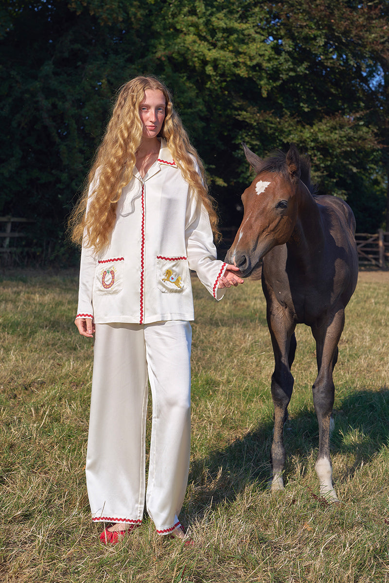 Women’s silk long pajamas set by Not Just Pajama featuring a comfortable, elegant design and soft fabric in a stylish pattern.