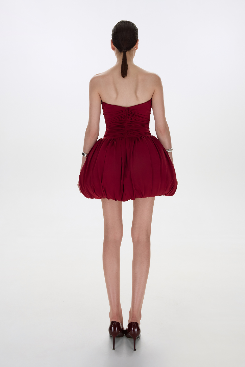 BalYKINA Clara Burgundy Mini Dress, close-up of stylish short dress with elegant fit and rich burgundy color.