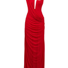 Deme By Gabriella Adriana Red Maxi Dress with flowing fabric and sleeveless design, showcased on a hanger.