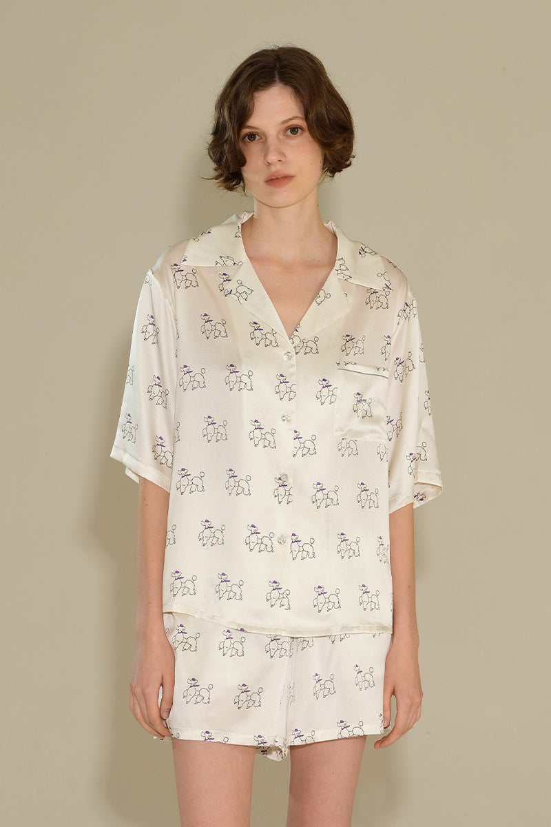 DIAMOND POODLES WHITE SILK PAJAMAS SHORT SET - CULT MIA