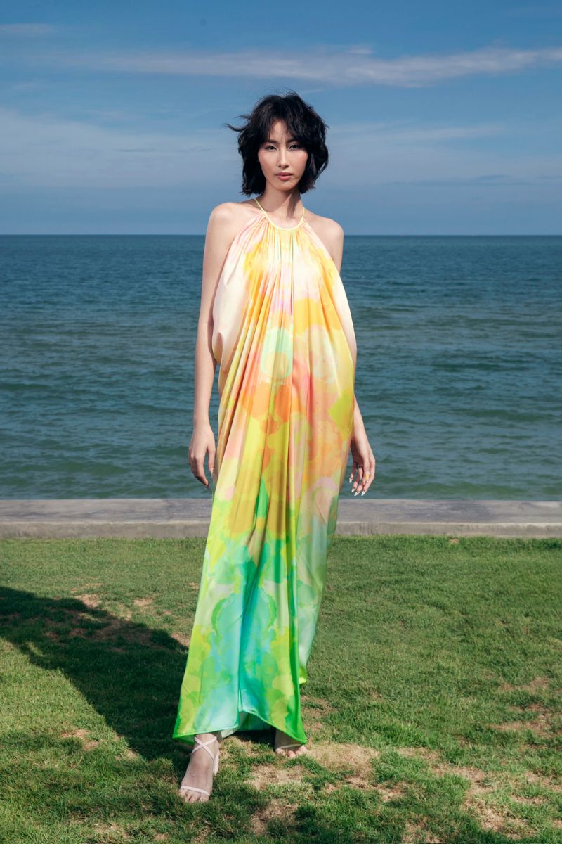 ARMANDE HALTER GATHERED SILK SATIN FLOOR LENGTH DRESS - CULT MIA