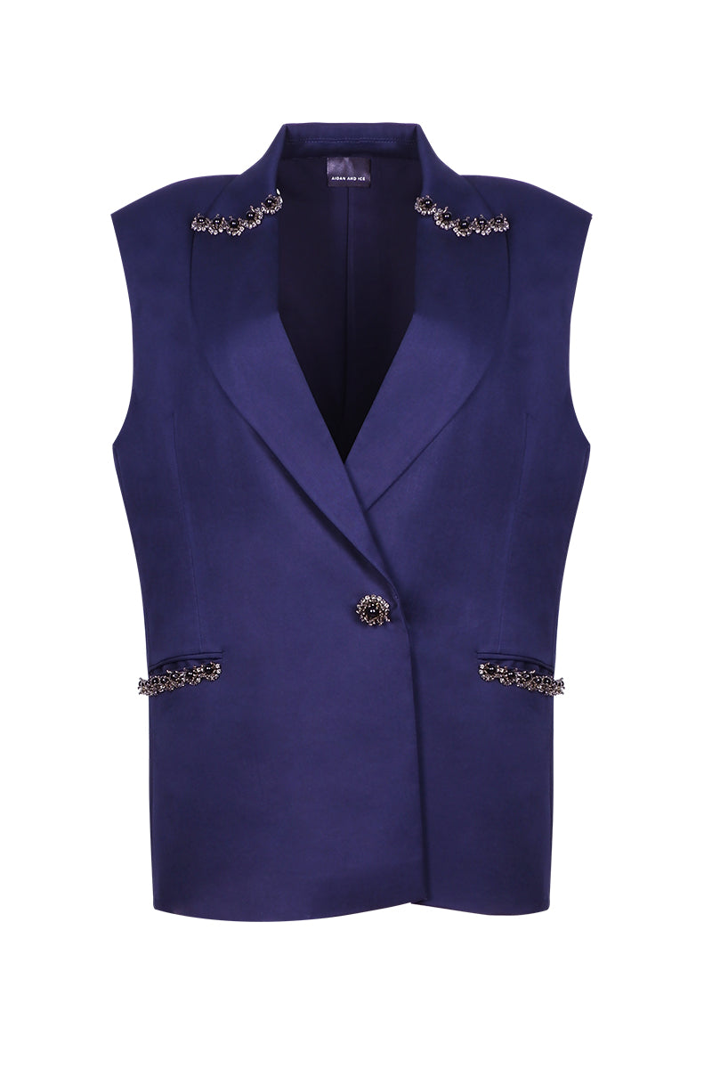 Aidan & Ice Caleste blazer in navy color, tailored fit with lapel collar and button closure, displayed on a hanger.