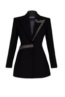 Black tailored blazer vest with an asymmetrical side-tie belt, stylish GVLUX vest for a modern, sophisticated look.