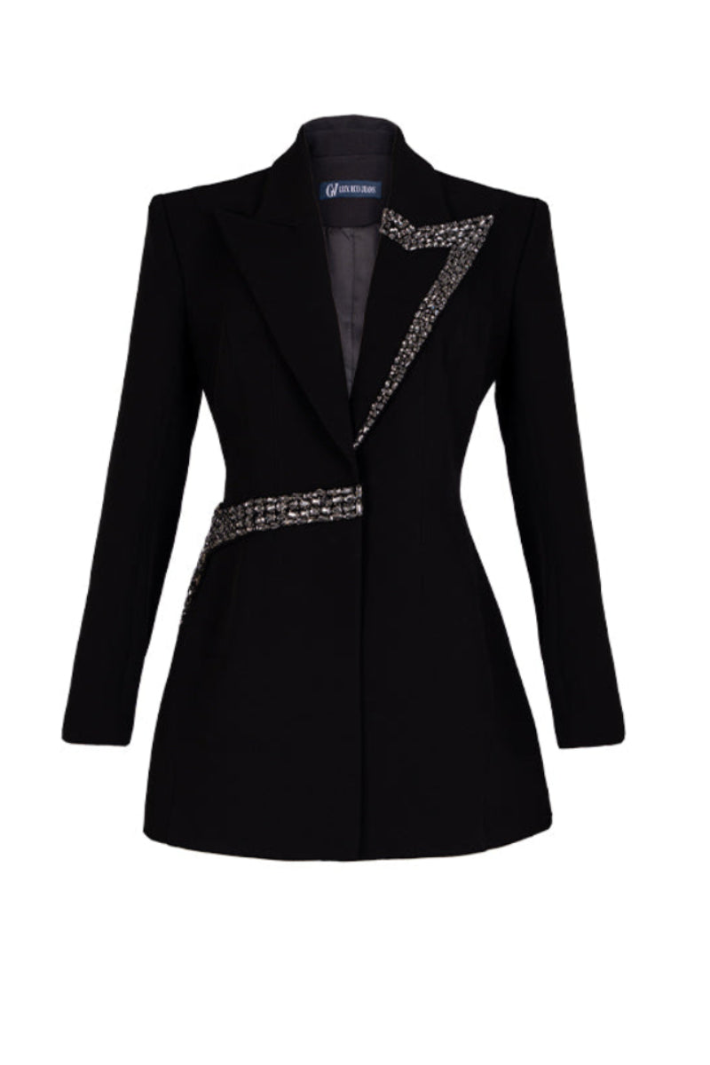 Black tailored blazer vest with an asymmetrical side-tie belt, stylish GVLUX vest for a modern, sophisticated look.