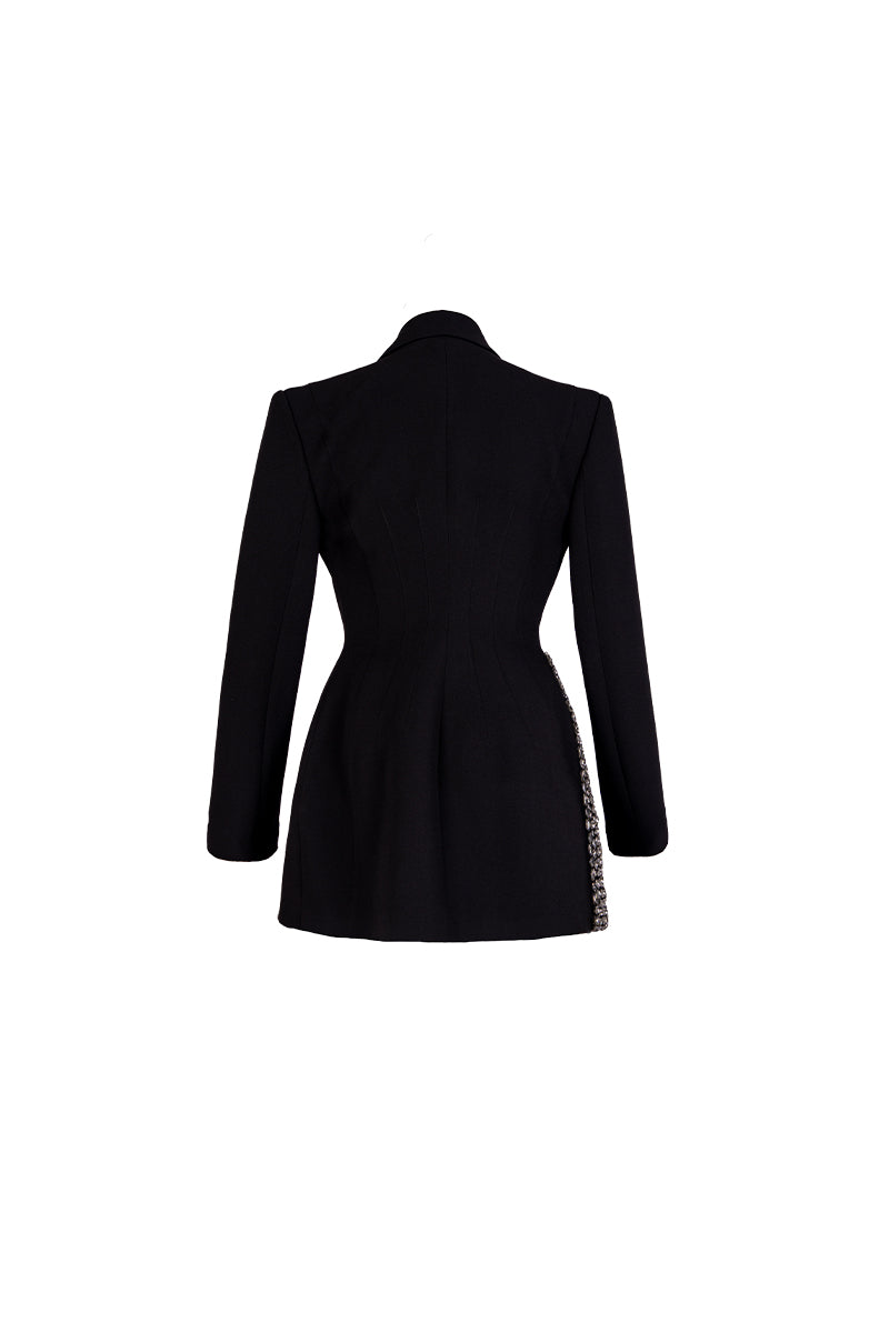 Black tailored blazer vest with asymmetrical side-tie belt from GVLUX, featuring sleek, structured design and modern style.