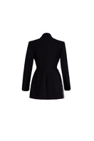 Black tailored blazer vest with asymmetrical side-tie belt from GVLUX, featuring a sleek, fitted design and stylish detail.