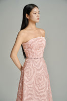 Pink floral wave A-line gown by Happy Clothing with matching scarf, showcasing elegant design and flowy fabric.