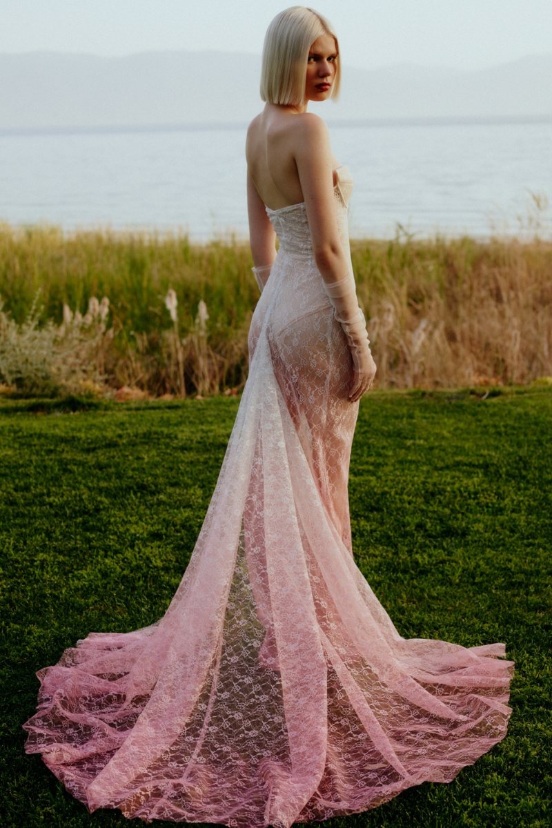 WHITE TO PINK GRADIENT LACE GOWN WITH TRAIN - CULT MIA