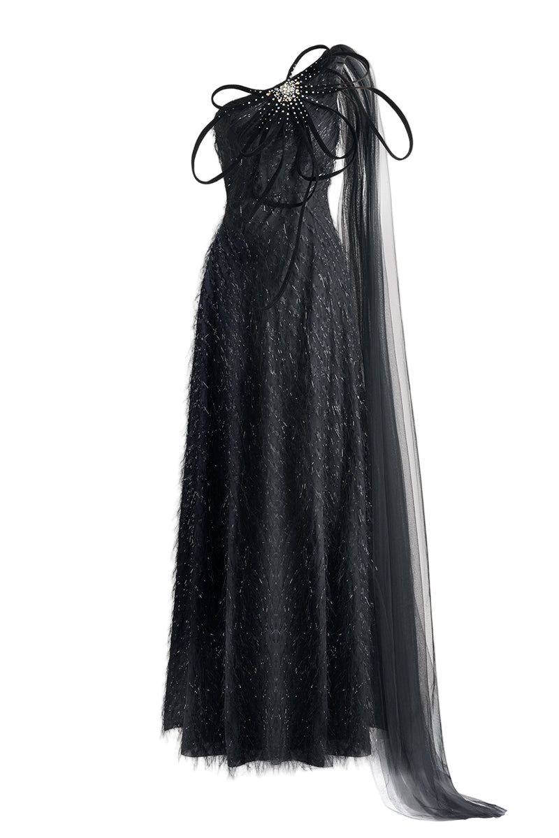 FLORAL ONE SHOULDER ORGANZA MAXI DRESS IN BLACK - CULT MIA