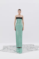 Mint green strapless maxi gown by Tayfun Kaba, flowing fabric with elegant design, perfect for formal occasions.