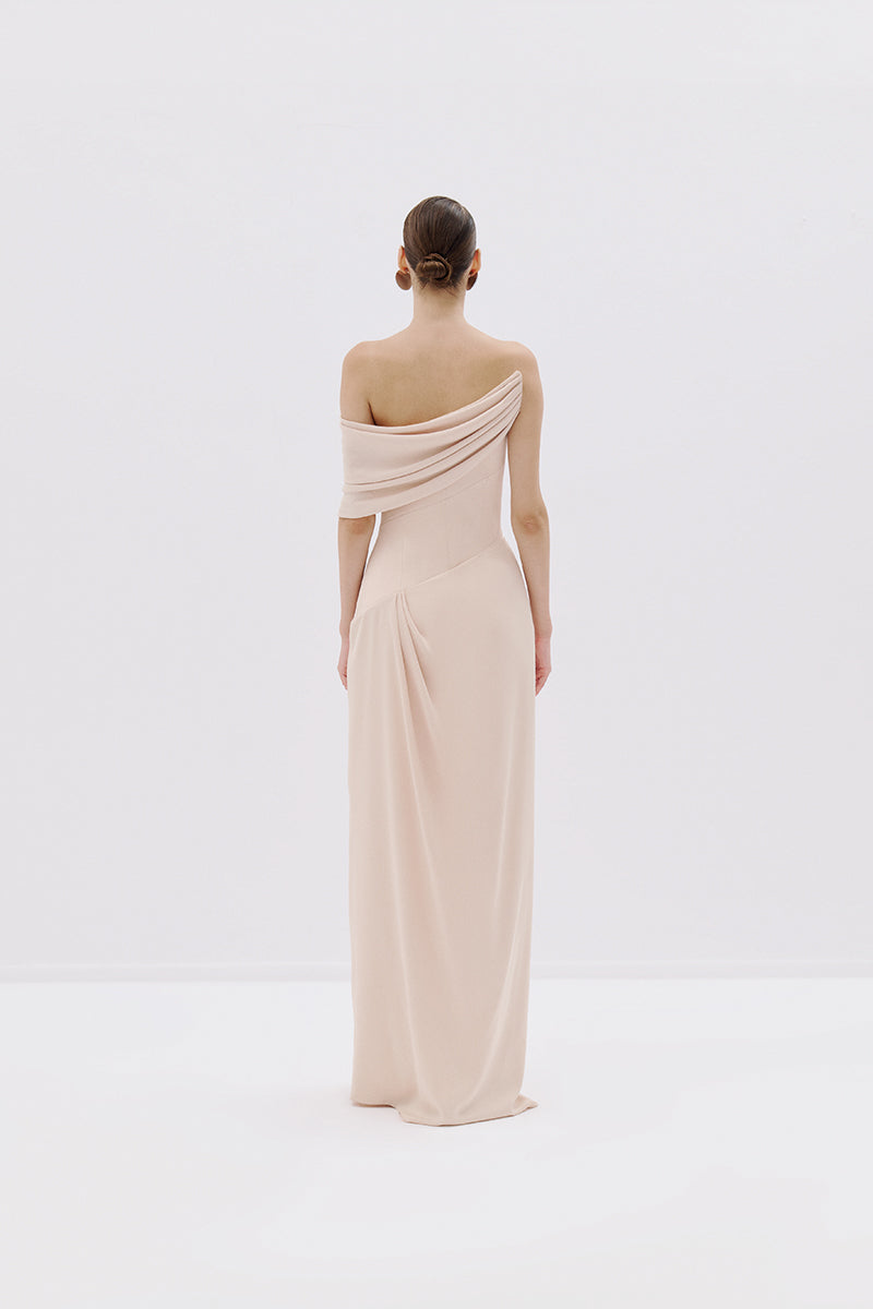 ONE-SHOULDER ROSE DRAPED GOWN - CULT MIA