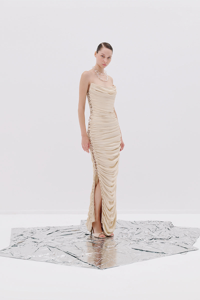LACE-UP BEIGE RUCHED GOWN - CULT MIA