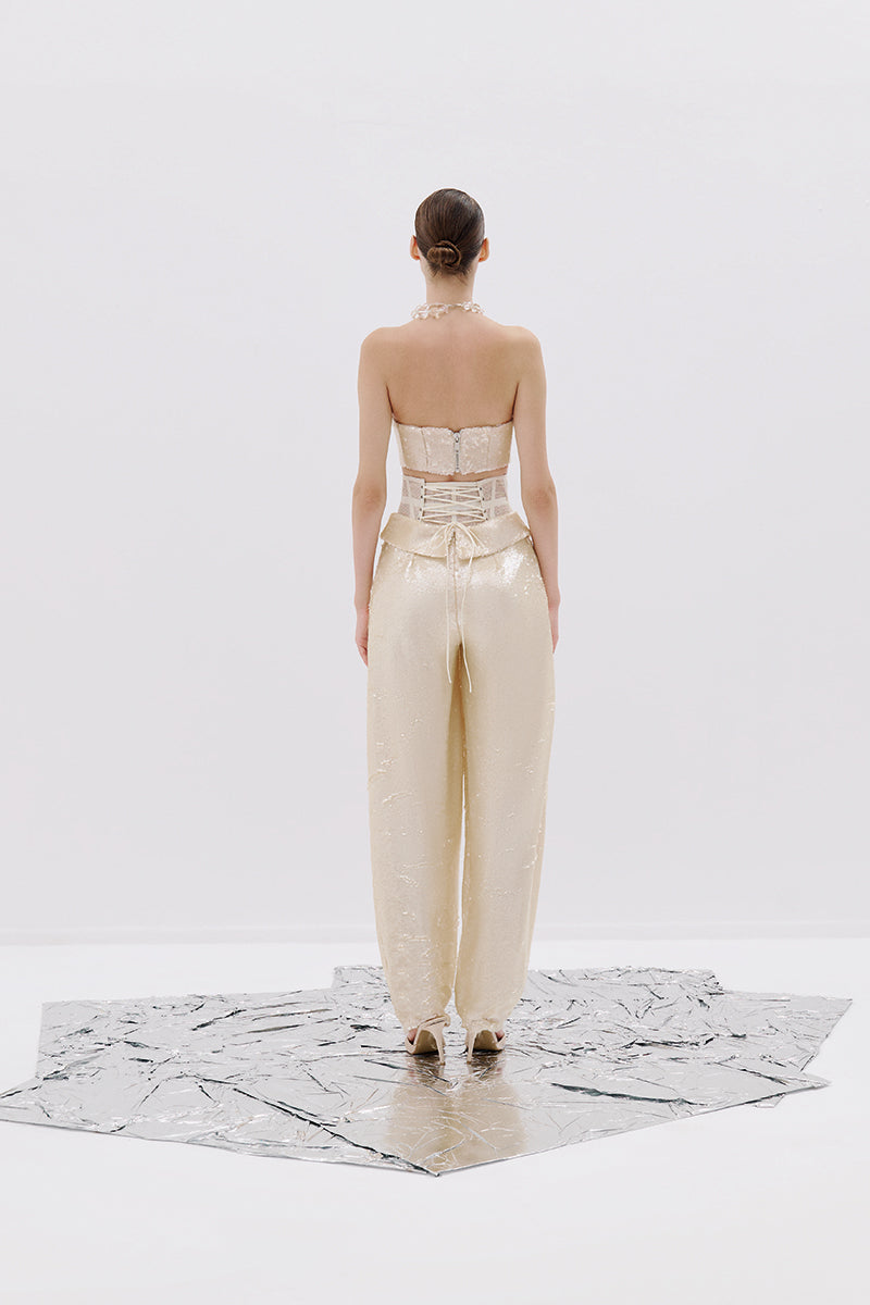 STRAPLESS CREAM SEQUINED BANDEAU TOP - CULT MIA